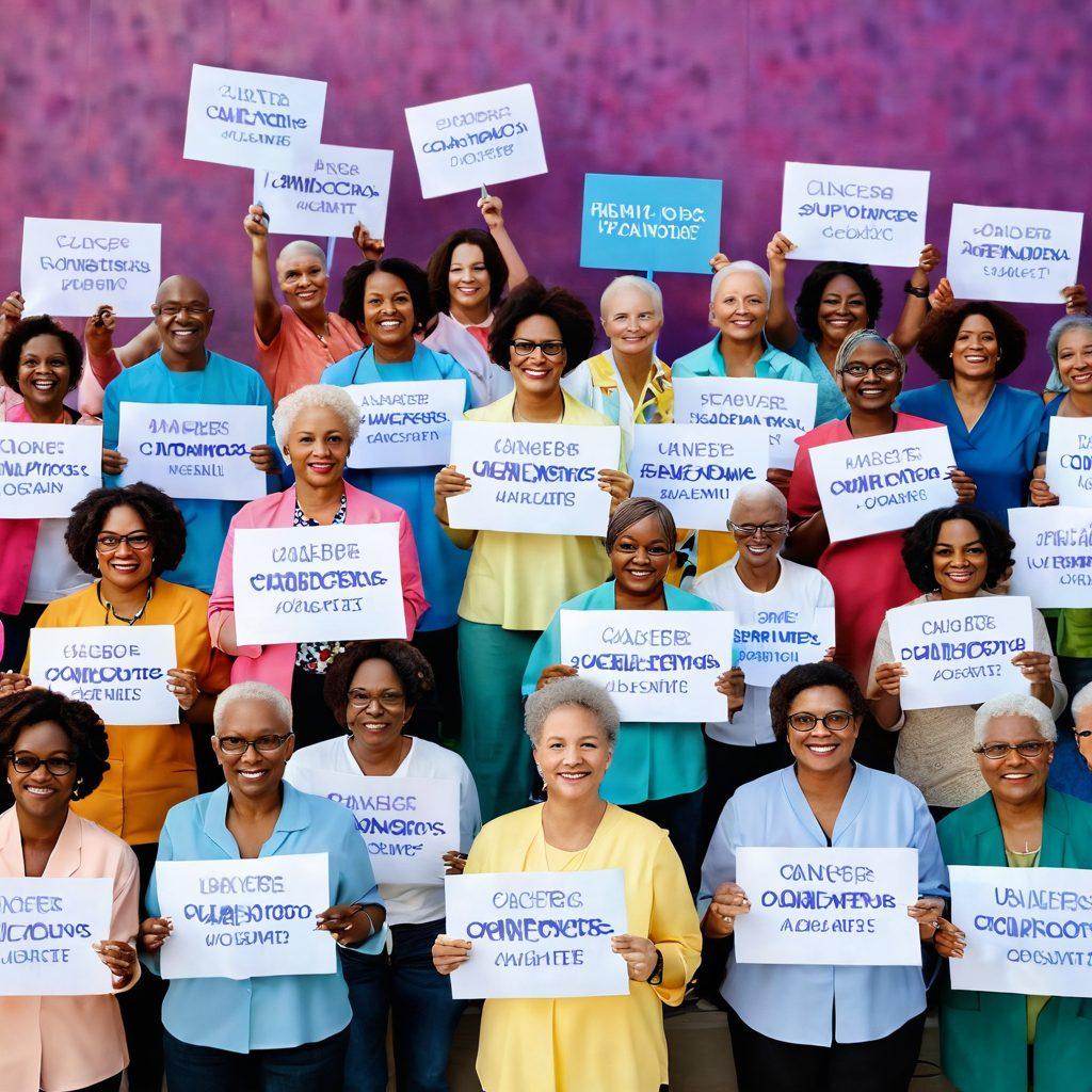 An inspiring scene depicting a diverse group of cancer survivors and advocates gathered in a lively discussion, holding placards with uplifting messages. The backdrop features a vibrant healthcare setting with ribbons signifying hope and support. Focus on their expressions of determination and collaboration to depict empowerment. Include elements like a blooming flower symbolizing growth and healing. super-realistic. vibrant colors. 3D.