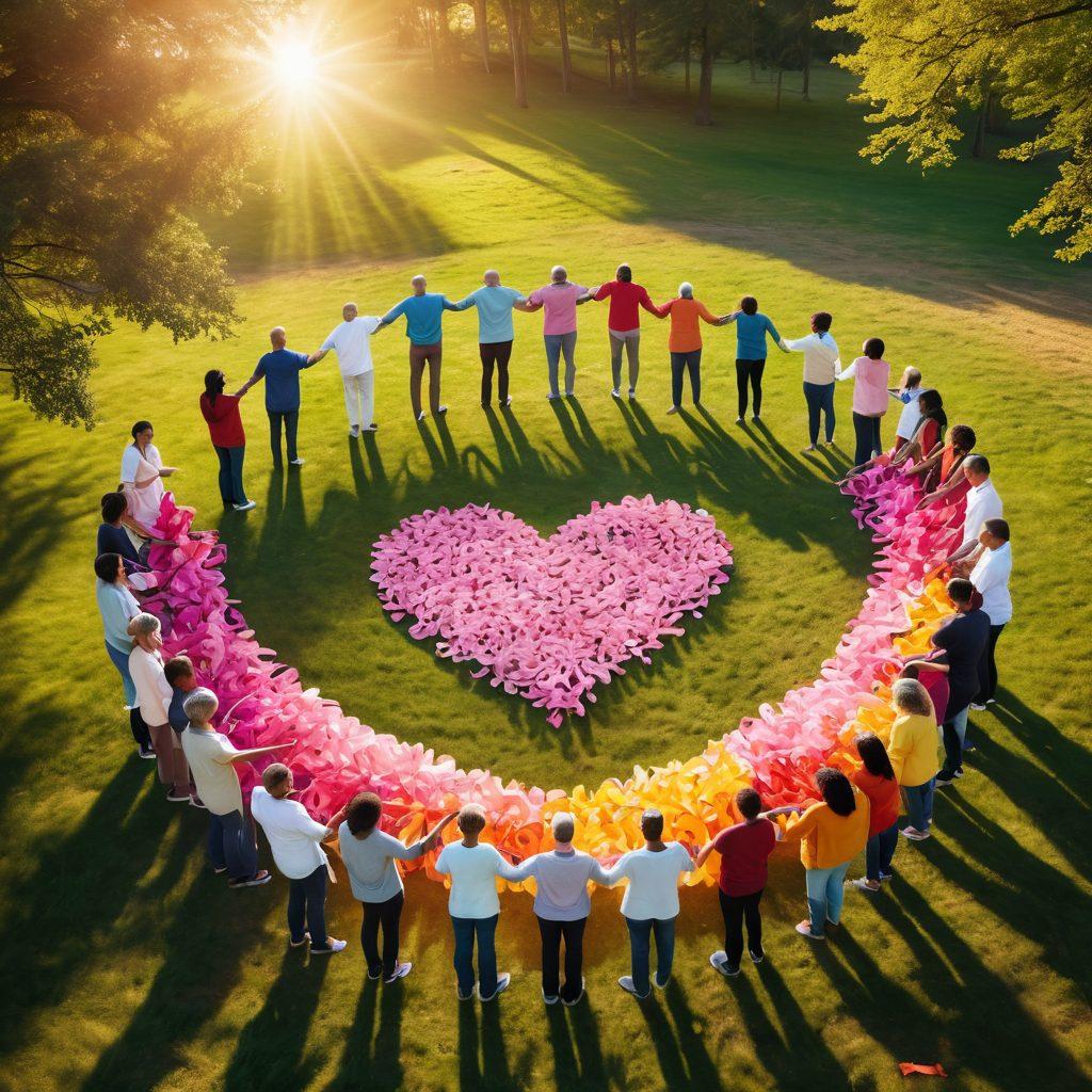 A diverse group of people united in a circle, each holding signs of hope and support related to cancer awareness. In the center, a large heart composed of colorful ribbons symbolizing different types of cancer. The background features a calming landscape with soft sunlight filtering through trees, creating an atmosphere of empowerment and community. super-realistic. vibrant colors. warm tones.